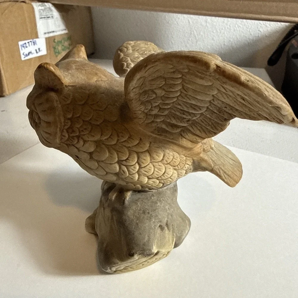 Vintage Owl w/ Spread Wings Perched on Log. 5 inches Tall Figurine